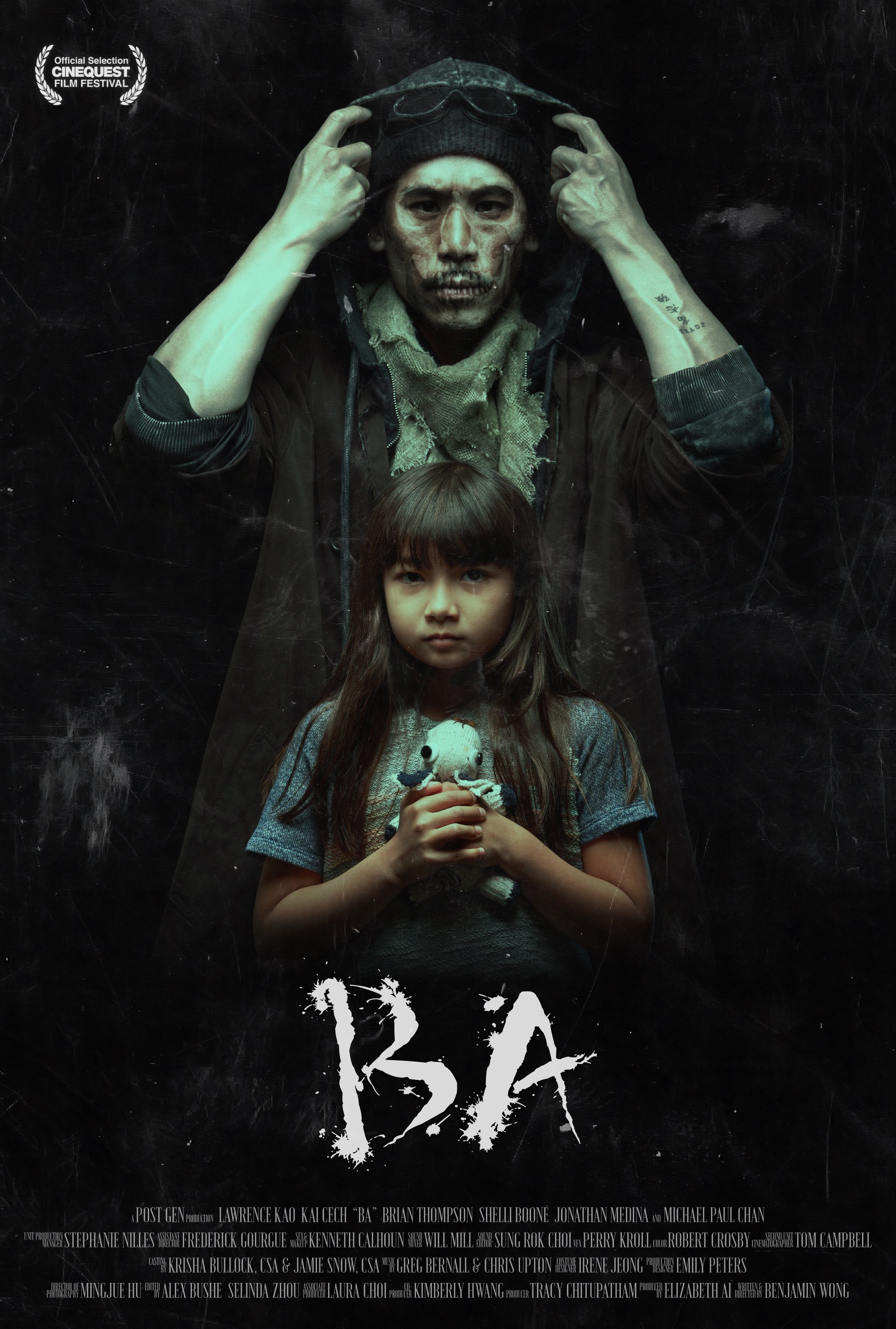 'Ba' Movie Poster - a dark, faded image of an ominous man looming over a girl holding a teddy bear.